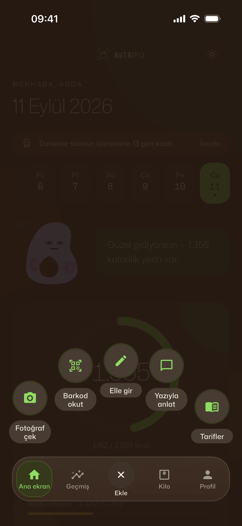 Öğün Ekle ekranı
